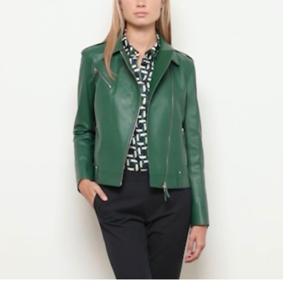 $1795 Lafayette 148 Elm Green Leather Moto Bernice Jacket Size Medium NWT - Picture 1 of 9
